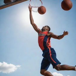 An athletic basketball player, soaring high in the air, dunking a basketball into the hoop with explosive energy and determination.