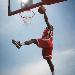 An athletic basketball player, soaring high in the air, dunking a basketball into the hoop with explosive energy and determination.