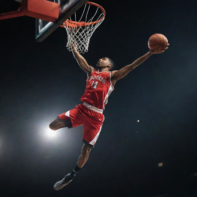 An athletic basketball player, soaring high in the air, dunking a basketball into the hoop with explosive energy and determination.