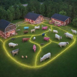 An innovative digital barnyard located in a lush green backyard, featuring virtual reality farm animals and high-tech farming equipment made of holographic chains and neon contours.