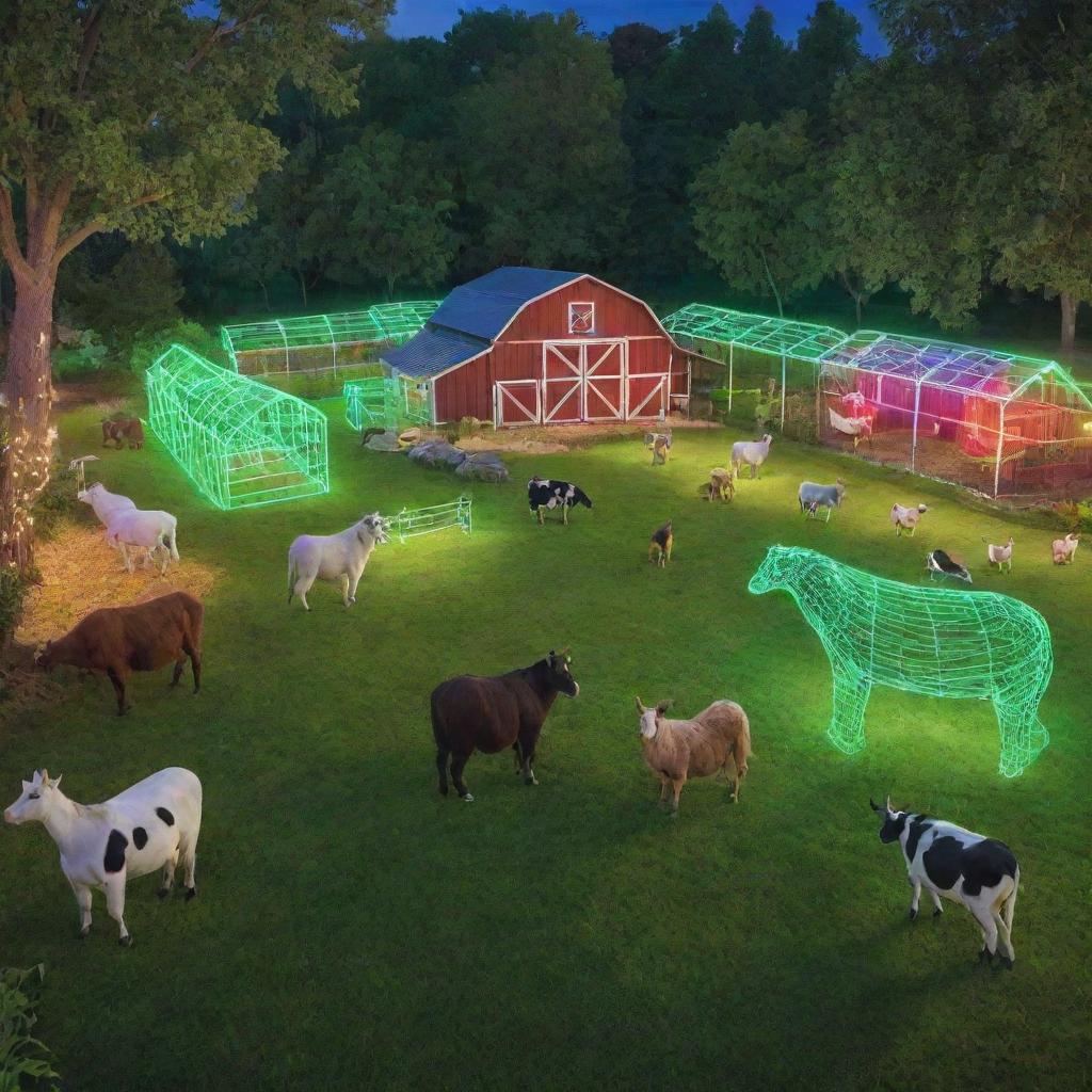 An innovative digital barnyard located in a lush green backyard, featuring virtual reality farm animals and high-tech farming equipment made of holographic chains and neon contours.