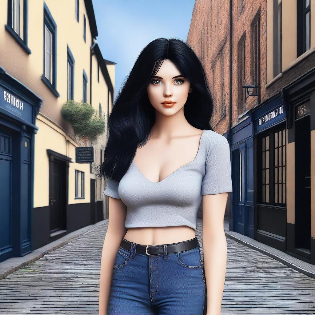 An engaging digital art image of a woman with black hair and clear blue eyes