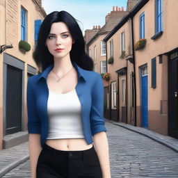 An engaging digital art image of a woman with black hair and clear blue eyes