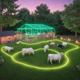 An innovative digital barnyard located in a lush green backyard, featuring virtual reality farm animals and high-tech farming equipment made of holographic chains and neon contours.