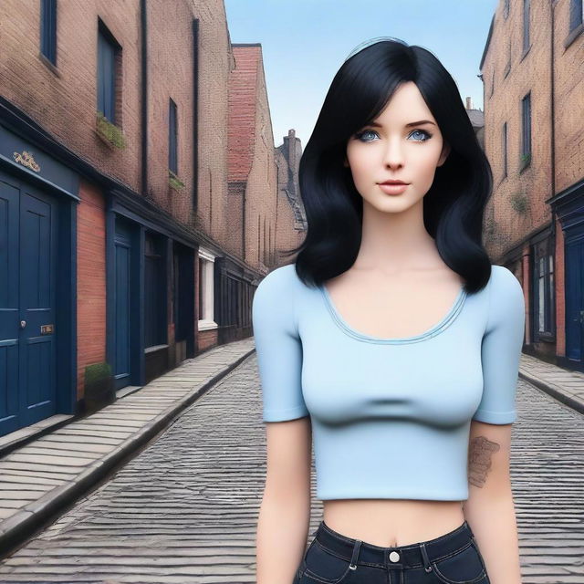 An engaging digital art image of a woman with black hair and clear blue eyes