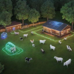 An innovative digital barnyard located in a lush green backyard, featuring virtual reality farm animals and high-tech farming equipment made of holographic chains and neon contours.