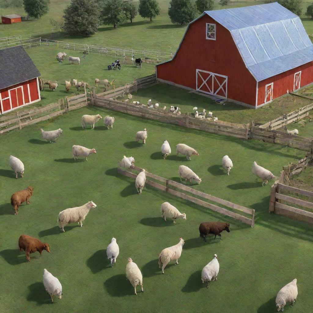 A digital backyard barnyard bustling with virtual animals. High-tech sheep, cows, and chickens roam between brightly glowing, holographic barns and high-tech farming equipment.