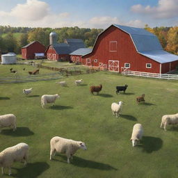 A digital backyard barnyard bustling with virtual animals. High-tech sheep, cows, and chickens roam between brightly glowing, holographic barns and high-tech farming equipment.