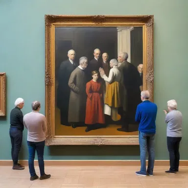 In the art gallery, people queue in front of the famous painting to get a closer look.