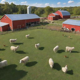 A digital backyard barnyard bustling with virtual animals. High-tech sheep, cows, and chickens roam between brightly glowing, holographic barns and high-tech farming equipment.