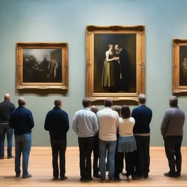 In the art gallery, people queue in front of the famous painting to get a closer look.