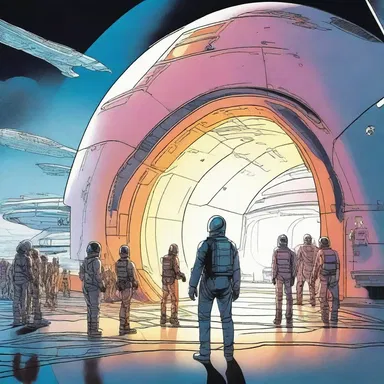 In the science fiction novel, the characters queue up to enter the futuristic spaceship.
