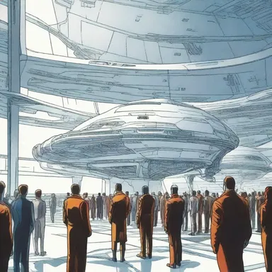 In the science fiction novel, the characters queue up to enter the futuristic spaceship.