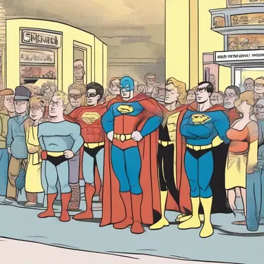 In the comic strip, the characters excitedly queue outside the cinema to catch the premiere of the latest superhero movie.