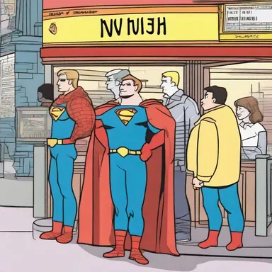 In the comic strip, the characters excitedly queue outside the cinema to catch the premiere of the latest superhero movie.