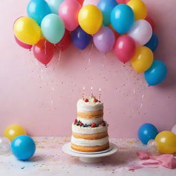 A vibrant and joyous birthday setting with text 'Happy Birthday to my beloved Soulmate Bublee'. Include a cake, balloons, and confetti in the scene