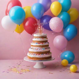 A vibrant and joyous birthday setting with text 'Happy Birthday to my beloved Soulmate Bublee'. Include a cake, balloons, and confetti in the scene