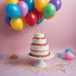 A vibrant and joyous birthday setting with text 'Happy Birthday to my beloved Soulmate Bublee'. Include a cake, balloons, and confetti in the scene