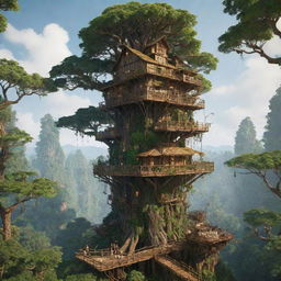 Create an image of the tallest building in a forestpunk world. Visualize a towering treehouse structure built into giant, ancient trees, entwined with abundant foliage, with wooden platforms, rope bridges and homes nestle amidst the vibrant greenery, embracing a harmonious integration with nature.