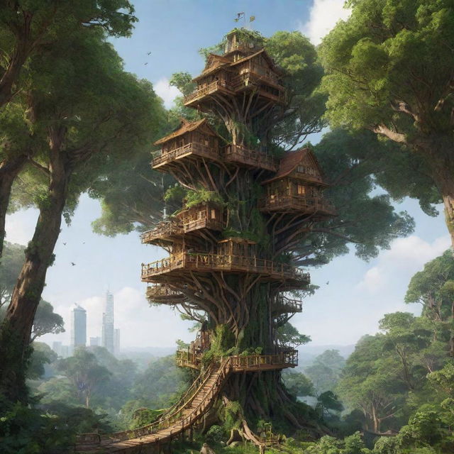 Create an image of the tallest building in a forestpunk world. Visualize a towering treehouse structure built into giant, ancient trees, entwined with abundant foliage, with wooden platforms, rope bridges and homes nestle amidst the vibrant greenery, embracing a harmonious integration with nature.