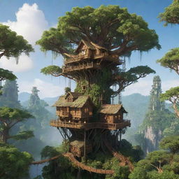 Create an image of the tallest building in a forestpunk world. Visualize a towering treehouse structure built into giant, ancient trees, entwined with abundant foliage, with wooden platforms, rope bridges and homes nestle amidst the vibrant greenery, embracing a harmonious integration with nature.