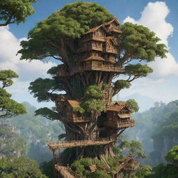 Create an image of the tallest building in a forestpunk world. Visualize a towering treehouse structure built into giant, ancient trees, entwined with abundant foliage, with wooden platforms, rope bridges and homes nestle amidst the vibrant greenery, embracing a harmonious integration with nature.