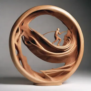 The artist expertly carved a detailed sculpture of a throwing stick out of a single piece of wood, showcasing its beautiful curved shape.
