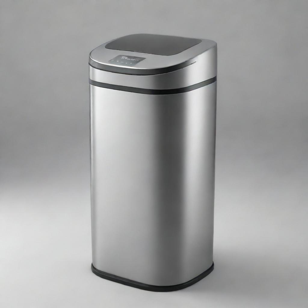 An advanced, intelligent dustbin with sleek metallic finish, touchless lid opener and a digital display panel showing fill level.