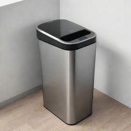 An advanced, intelligent dustbin with sleek metallic finish, touchless lid opener and a digital display panel showing fill level.