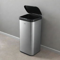 An advanced, intelligent dustbin with sleek metallic finish, touchless lid opener and a digital display panel showing fill level.