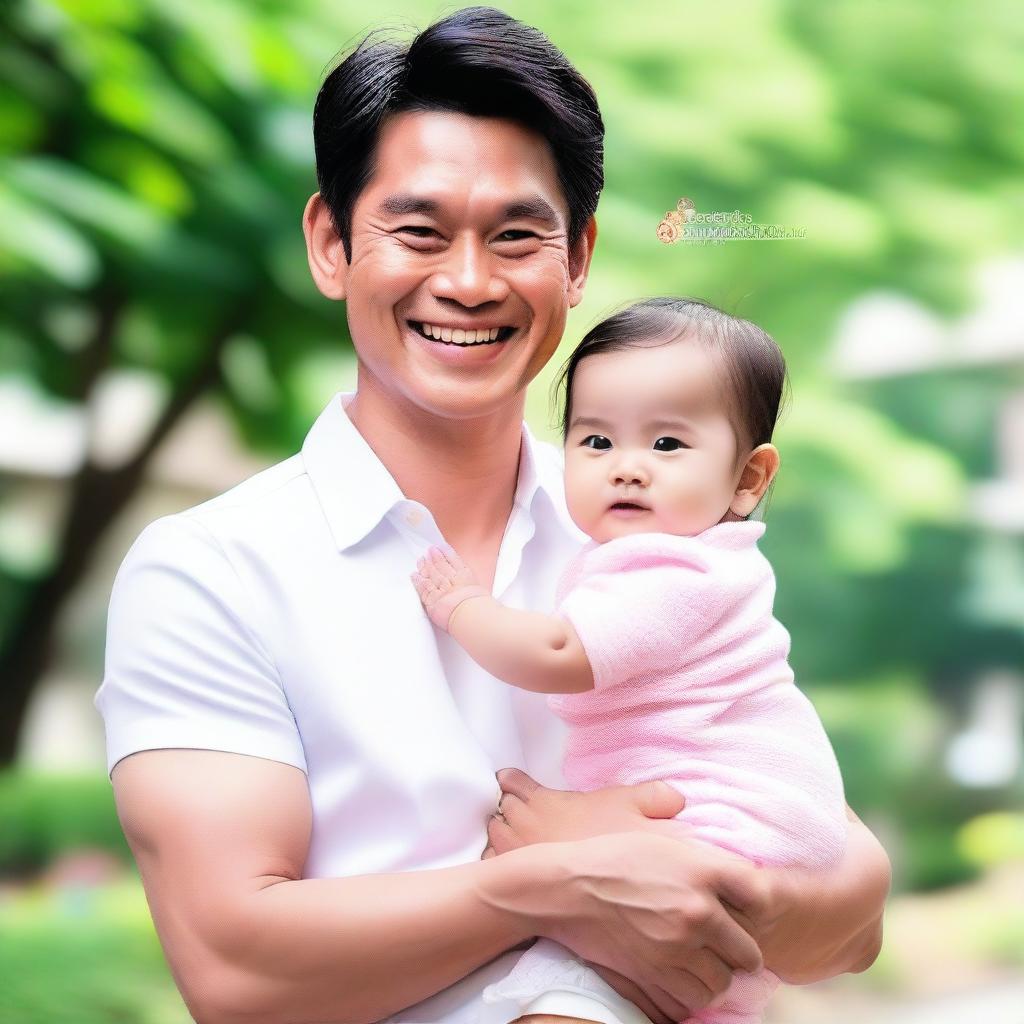 Generate an image where Bright Vachirawit, a Thai actor, is happily holding a baby girl