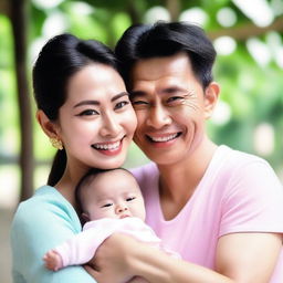 Generate an image where Bright Vachirawit, a Thai actor, is happily holding a baby girl