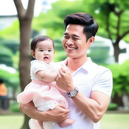 Generate an image where Bright Vachirawit, a Thai actor, is happily holding a baby girl