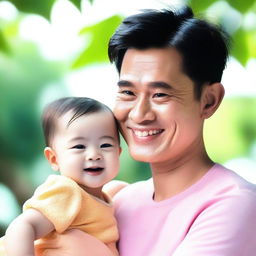 Generate an image where Bright Vachirawit, a Thai actor, is happily holding a baby girl