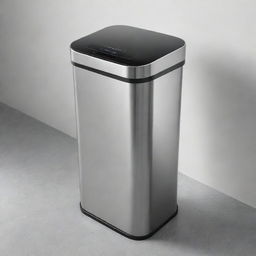 An advanced, intelligent dustbin with sleek metallic finish, touchless lid opener and a digital display panel showing fill level.