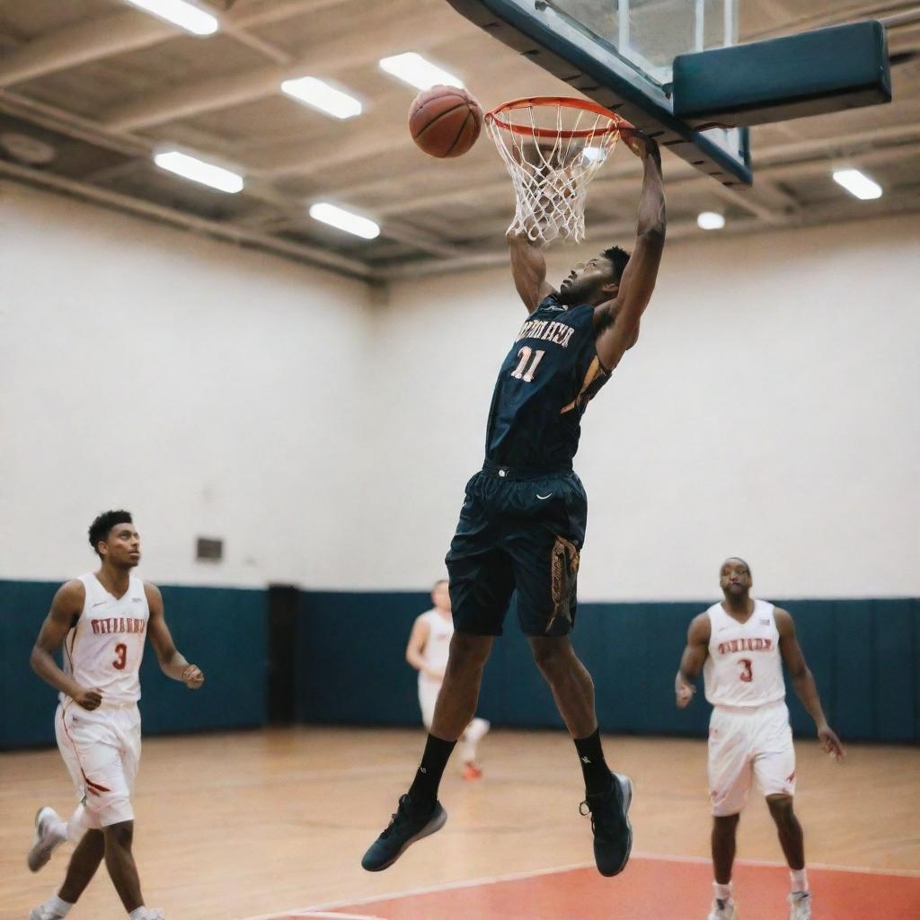 An agile basketball player skillfully maneuvering through five opposing defenders and soaring high for an impressively athletic dunk.