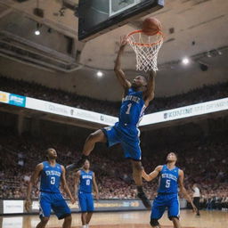 An agile basketball player skillfully maneuvering through five opposing defenders and soaring high for an impressively athletic dunk.