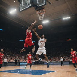 An agile basketball player skillfully maneuvering through five opposing defenders and soaring high for an impressively athletic dunk.