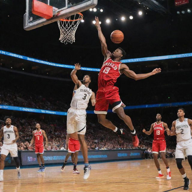 An agile basketball player skillfully maneuvering through five opposing defenders and soaring high for an impressively athletic dunk.