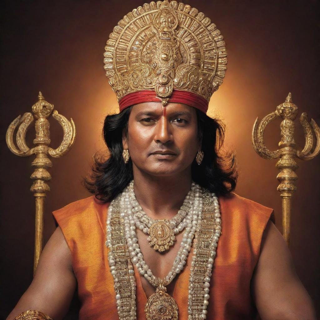 A majestic portrait of actor Rajesh Hamal personifying the Hindu deity Ram, clad in royal attire and radiating divine energy.