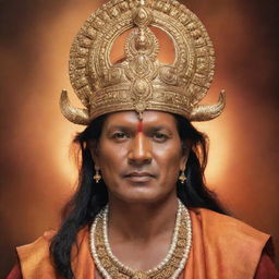 A majestic portrait of actor Rajesh Hamal personifying the Hindu deity Ram, clad in royal attire and radiating divine energy.