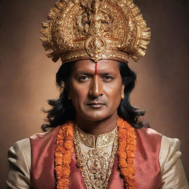 A majestic portrait of actor Rajesh Hamal personifying the Hindu deity Ram, clad in royal attire and radiating divine energy.