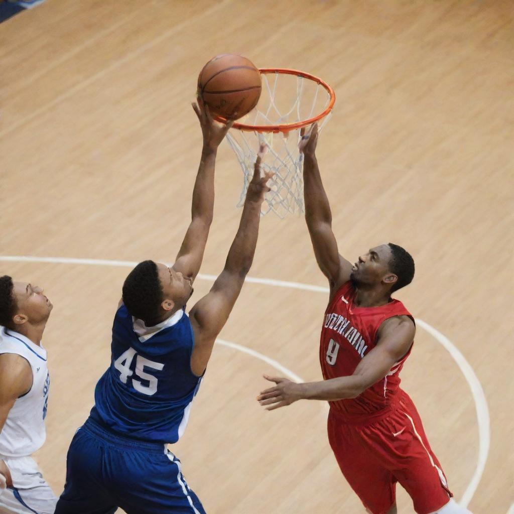 Graceful basketball player taking a shot at the hoop just before being encircled by three defensive opponents.