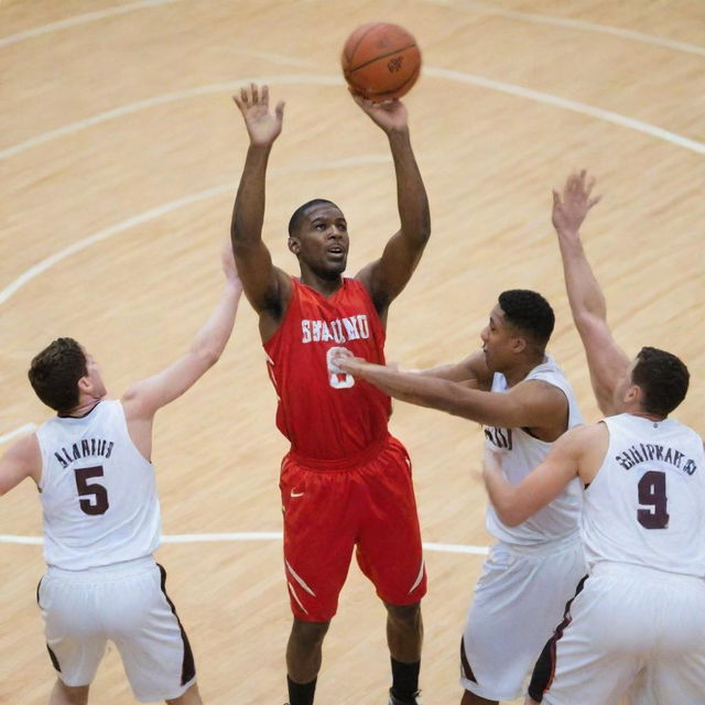 Graceful basketball player taking a shot at the hoop just before being encircled by three defensive opponents.