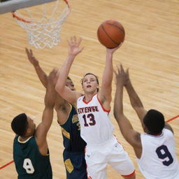 Graceful basketball player taking a shot at the hoop just before being encircled by three defensive opponents.