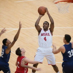 Graceful basketball player taking a shot at the hoop just before being encircled by three defensive opponents.