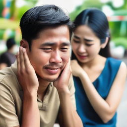 A handsome young man from Thailand is talking to a beautiful woman