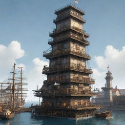 Illustrate the tallest building in a harborpunk setting. A seafaring colossal tower integrated within a bustling port. The structure features a mix of nautical elements such as ship sails, ropes, lanterns, and surrounded by floating platforms and docking stations.