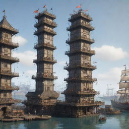 Illustrate the tallest building in a harborpunk setting. A seafaring colossal tower integrated within a bustling port. The structure features a mix of nautical elements such as ship sails, ropes, lanterns, and surrounded by floating platforms and docking stations.