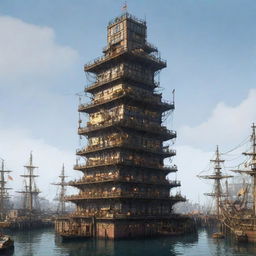 Illustrate the tallest building in a harborpunk setting. A seafaring colossal tower integrated within a bustling port. The structure features a mix of nautical elements such as ship sails, ropes, lanterns, and surrounded by floating platforms and docking stations.